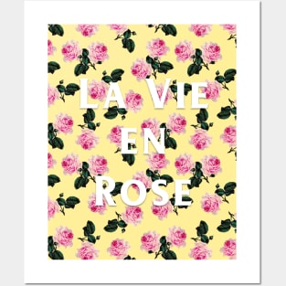 La Vie En Rose - pink scattered vintage roses on yellow, pink tee Posters and Art